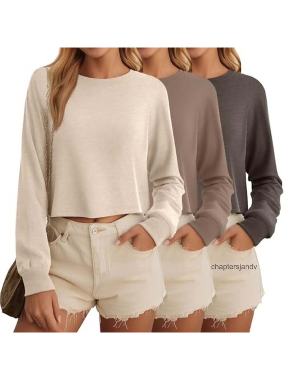 Long Sleeve Cropped Tee 3 Pack Cotton Spandex Loose Fit Crop Top